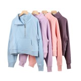 Original Embroidered  Sweatshirt for Women, High Collar, Half-Zip, Loose Fit, Fleece-Lined, Long Sleeve, for Sports and Fitness