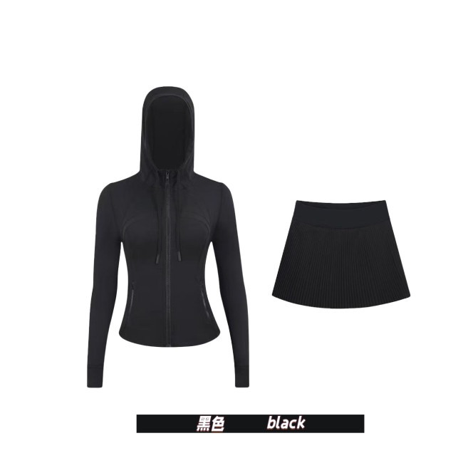 Original Embroidered  Accordion Skirt Hooded Short Jacket Set Anti-Exposure Yoga Slim Fit Stretchy