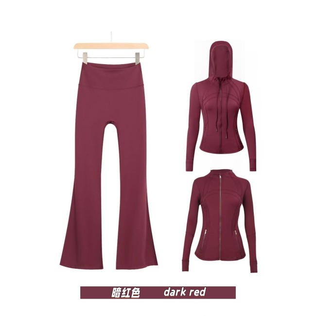 Original Embroidered  Hooded Flared Gold Jacket Three-Piece Set Women's Slim-Fit Stretchy Sportswear