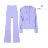 Original Embroidered  Hooded Jacket Flared Pants Set Slim Fit Jacket Stretchy Sports Running Wear