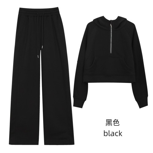 Original Embroidered  Hooded Loose Half-Zip Sweatshirt Set for Women, Fleece-Lined Sports Jacket, Yoga Wear