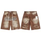 Summer New Arrival VAL American Trend High Street Vintage Streetwear Washed and Distressed Men's Denim Shorts with Full Rhinestone Embellishments