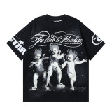 New cross-border HELL trendy high-quality vintage distressed T-shirt, loose fit printed short-sleeve T-shirt, unisex style for couples