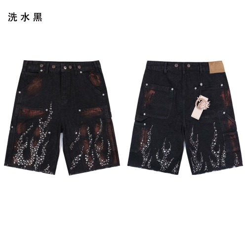 Hellstar Shorts American fashion brand loose casual denim shorts with rhinestone wash, INS knee-length shorts for men and women