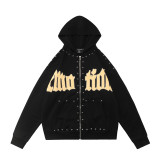 MIXED EMOTION trendy street hip-hop rhinestone white ink direct-print long-sleeve T-shirt zip-up hoodie unisex jacket