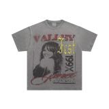 High-quality cross-border foreign trade VAL trendy high street retro washed distressed white ink direct-print rhinestone short-sleeve unisex T-shirt