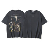 25ssss Spring/Summer New OW Washed Oil Painting Pattern Round Neck Pullover Short Sleeve Unisex One-Piece Wholesale