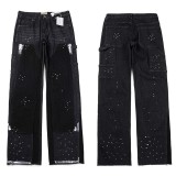 High-quality European and American new style Gallery washed micro-flared black and blue patchwork jeans for men and women, long pants and shorts
