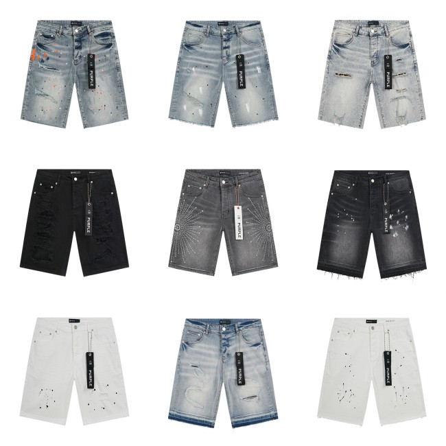 25ss Cross-Border American Fashion Brand Purple Brand Ripped and Patched Men's Casual Street Straight-Leg Denim Shorts