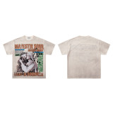 26ss cross-border foreign trade American-style trendy brand diamond-embellished short-sleeve washed distressed frayed raw edge white ink direct-print unisex T-shirt
