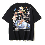 25ss American style trendy brand high-quality off-shoulder short-sleeve T-shirt with melting arrow gradient starry sky ink splatter design for men and women