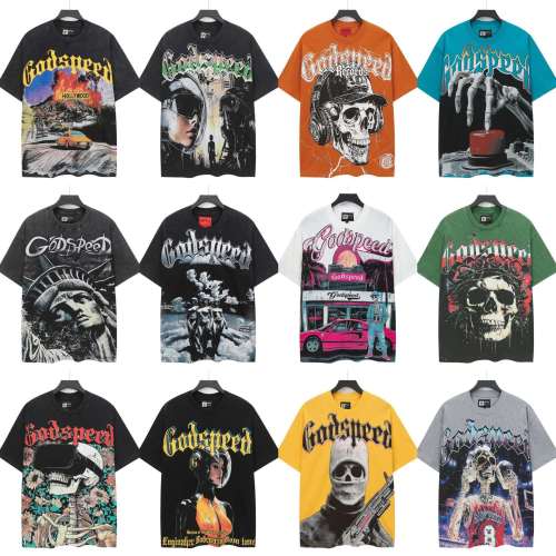 26ss cross-border foreign trade European and American trendy brand GOD high street washed distressed printed spliced vintage short-sleeve T-shirt for men and women