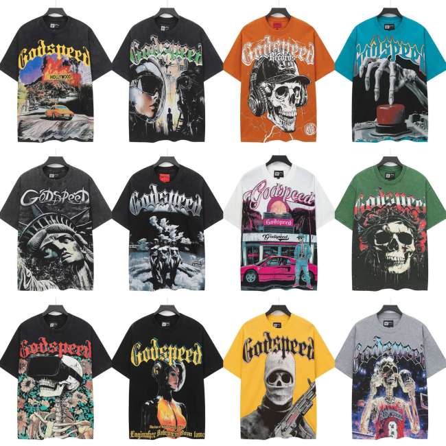 26ss cross-border foreign trade European and American trendy brand GOD high street washed distressed printed spliced vintage short-sleeve T-shirt for men and women