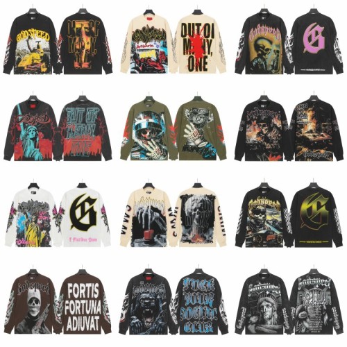 Cross-border wholesale of trendy GOD streetwear vintage skull print washed distressed long-sleeve T-shirts and hooded sweatshirts for men and women