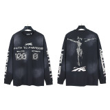 Trendy high street Hell Star American fashion distressed washed casual loose-fitting long-sleeve crew neck T-shirt for men and women, foreign trade