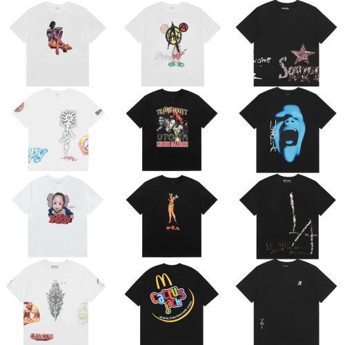 Travis Scott Cactus Jack trendy face and rose monument pattern printed casual short-sleeve T-shirt