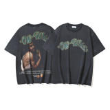 New Summer Arrival: OFF-WHITE Washed Vintage Double Yarn Heavyweight Angel Red Old Man Religious Print Men's Short Sleeve T-Shirt