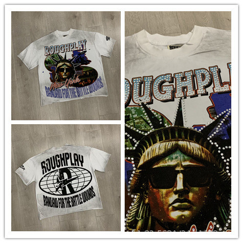 Cross-border foreign trade Roughpiay trendy retro washed printed distressed rhinestone patchwork short-sleeve T-shirt vest