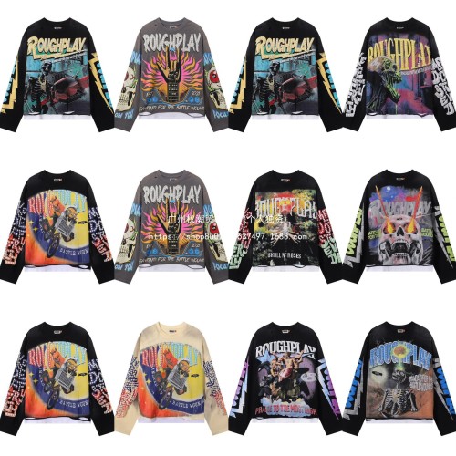 25ss Cross-Border Foreign Trade Rough Play American Trend High Street Rhinestone Washed Distressed Double Patchwork Skull Long Sleeve T-Shirt