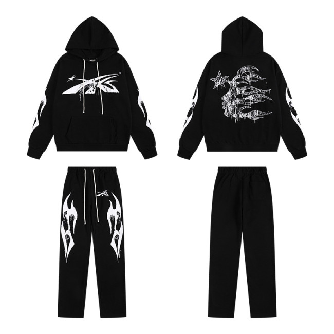 25ss American high street fashion brand HELL street heavy print terry sweatshirt casual sports hooded set for men and women