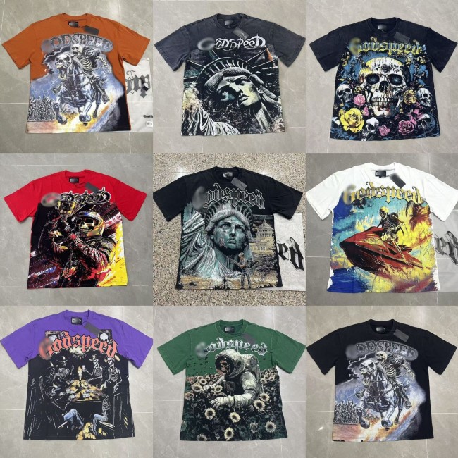 25ss American fashion brand GOD high street washed distressed printed spliced vintage summer loose short-sleeve T-shirt for men and women