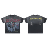 25ss cross-border foreign trade VALL trendy high street retro washed distressed street style direct-print rhinestone short-sleeve unisex T-shirt