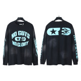 Trendy high street Hell Star American fashion distressed washed casual loose-fitting long-sleeve crew neck T-shirt for men and women, foreign trade