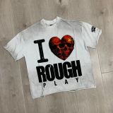 Rough Play vintage washed distressed high street rhinestone frayed men's and women's short-sleeve T-shirt vest ins street fashion