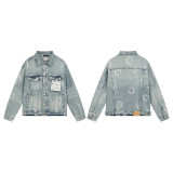 Cross-border American fashion Purp1e Brand denim jacket, loose fit, washed and distressed, with rhinestones, trendy heavy-duty jacket