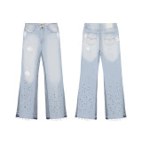 High-quality European and American new style Gallery washed micro-flared black and blue patchwork jeans for men and women, long pants and shorts