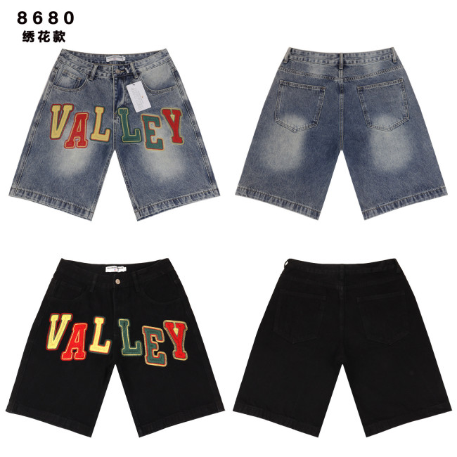 26ss Cross-Border Foreign Trade Vale Forever Skittle American Trend High Street Retro Washed Embroidered Denim Shorts