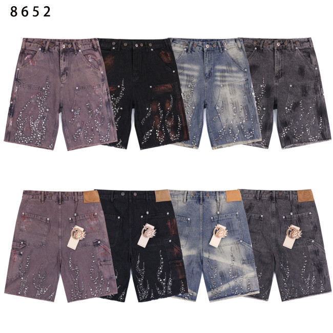 Hellstar Shorts American fashion brand loose casual denim shorts with rhinestone wash, INS knee-length shorts for men and women