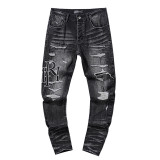 Cross-border European and American Purple Brand jeans, washed, distressed, vintage, ripped, with splatter paint, in a cool American style