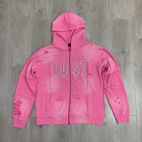 Los Angeles streetwear brand Lost Intricacy washed distressed sweatpants, rhinestone embellished zip-up hoodie set