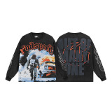 25ss cross-border European and American new vintage skull rock band basketball distressed washed black long-sleeve t-shirt for both men and women