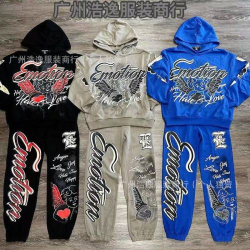 25ss Cross-Border Foreign Trade MIXED EMOTION American Streetwear High Street Retro Printed Hoodie Sweatshirt Set