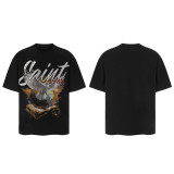 25ss cross-border European and American trendy brand high street loose casual retro short-sleeve T-shirt for men and women with printed letter and portrait designs