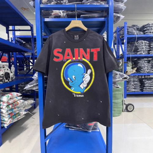 High-quality SAINT MICHAEL ICON washed vintage short-sleeve trendy retro print couple's T-shirt for men and women