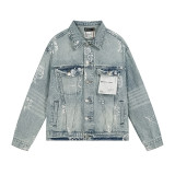 Cross-border American fashion Purp1e Brand denim jacket, loose fit, washed and distressed, with rhinestones, trendy heavy-duty jacket