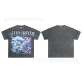 High-end American hip-hop couple's T-shirt, heavy-duty washed and distressed, West Coast rap short-sleeve, trendy basic style