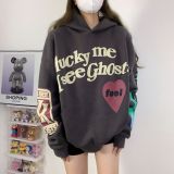 American-style trendy brand, European and American influencer style hoodie with foam heart print graffiti, unisex hooded sweatshirt wholesale