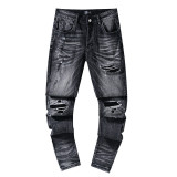 Cross-border European and American Purple Brand jeans, washed, distressed, vintage, ripped, with splatter paint, in a cool American style
