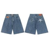 American streetwear brand Corteizz jeans with star embroidery, high street vintage distressed denim shorts, men's knee-length shorts