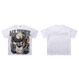26ss cross-border foreign trade American-style trendy brand diamond-embellished short-sleeve washed distressed frayed raw edge white ink direct-print unisex T-shirt