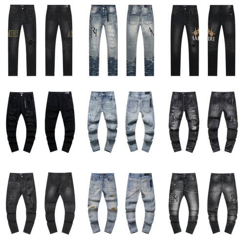 25ss cross-border wholesale AMIRI American fashion brand high street ripped patchwork trendy retro straight-leg denim pants for men