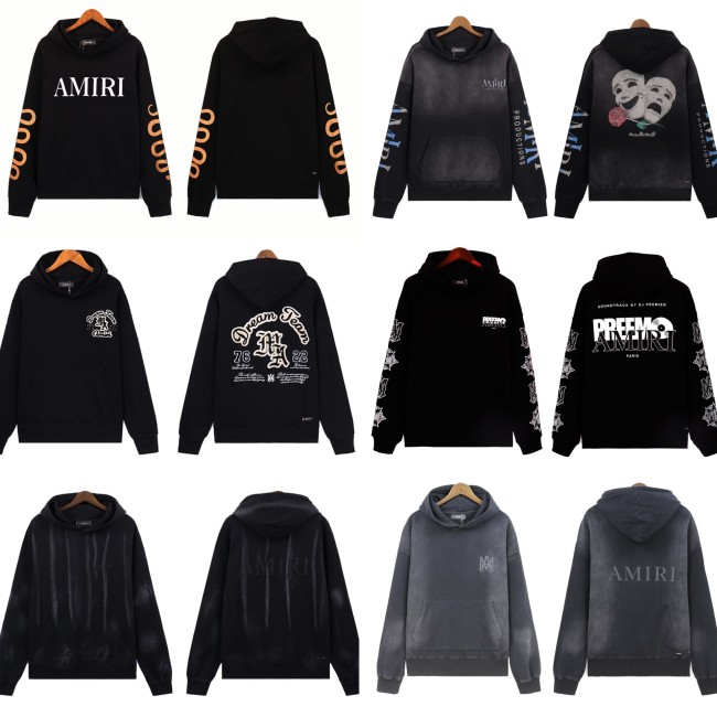 AMIRI American fashion brand washed casual logo embroidered hoodie with lettering, loose fit, unisex