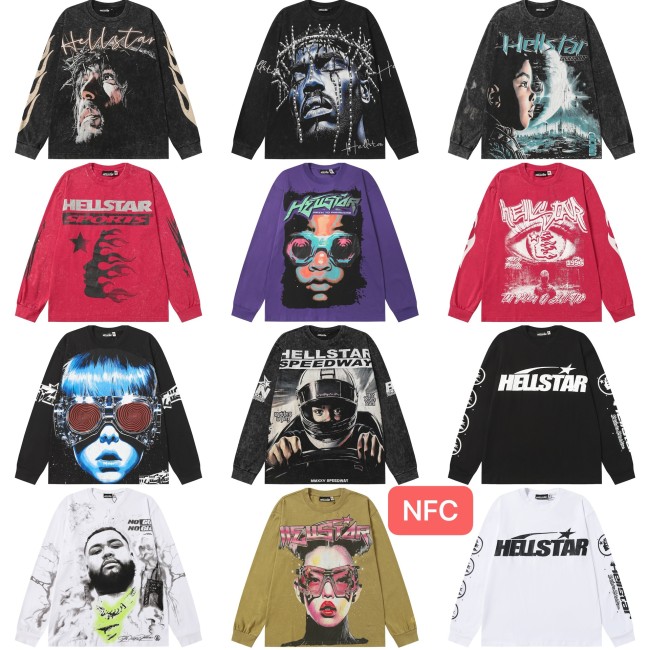 25ss Cross-Border Foreign Trade Hellstar American Style Trendy Brand High Street Washed Distressed Vintage Print Long Sleeve T-Shirt