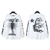 Trendy high street Hell Star American fashion distressed washed casual loose-fitting long-sleeve crew neck T-shirt for men and women, foreign trade