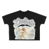 MIXED EMOTION High-Quality Fashionable High-Street Angel Rhinestone Vintage Loose-Fit Short-Sleeve Full-Print Unisex T-Shirt