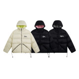 STU's new classic solid color versatile embroidered zip-up hooded short cotton jacket, unisex, street style, warm